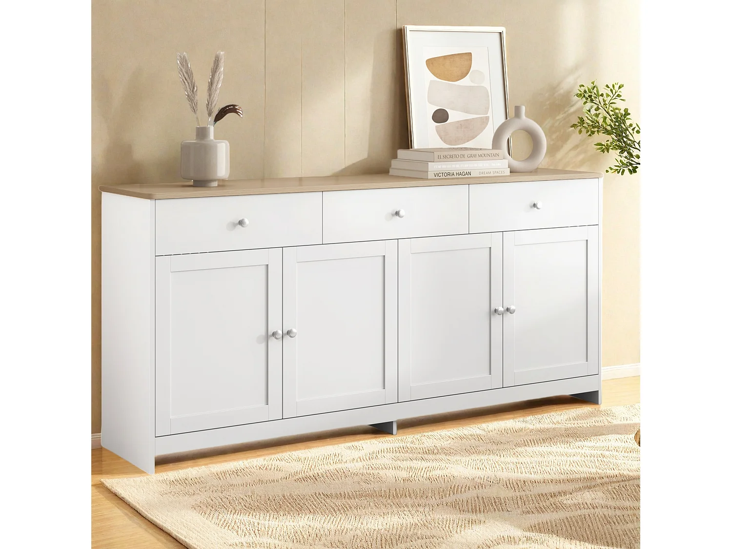 Buffet, Bahut avec 4 Portes et 3 Tiroirs, Meuble de Rangement, Commode, Buffet Bahut de Salon, 160x37x75 cm, Blanc+Bois