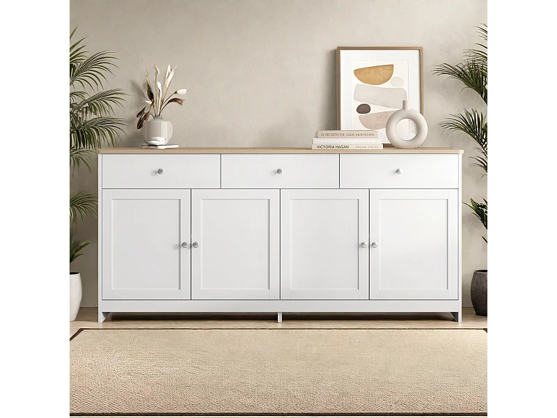 Buffet, Bahut avec 4 Portes et 3 Tiroirs, Meuble de Rangement, Commode, Buffet Bahut de Salon, 160x37x75 cm, Blanc+Bois