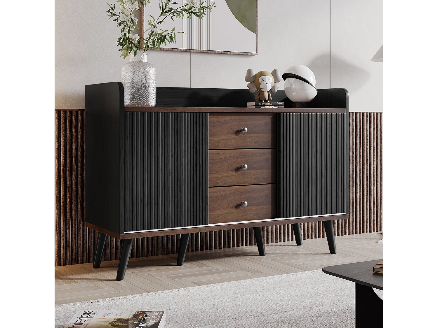 Buffet / casier, noyer et noir, H80 / L117, 5 / T40 cm