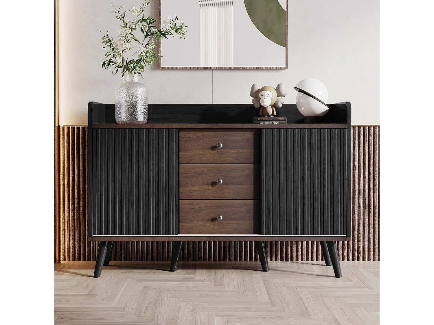 Buffet / casier, noyer et noir, H80 / L117, 5 / T40 cm