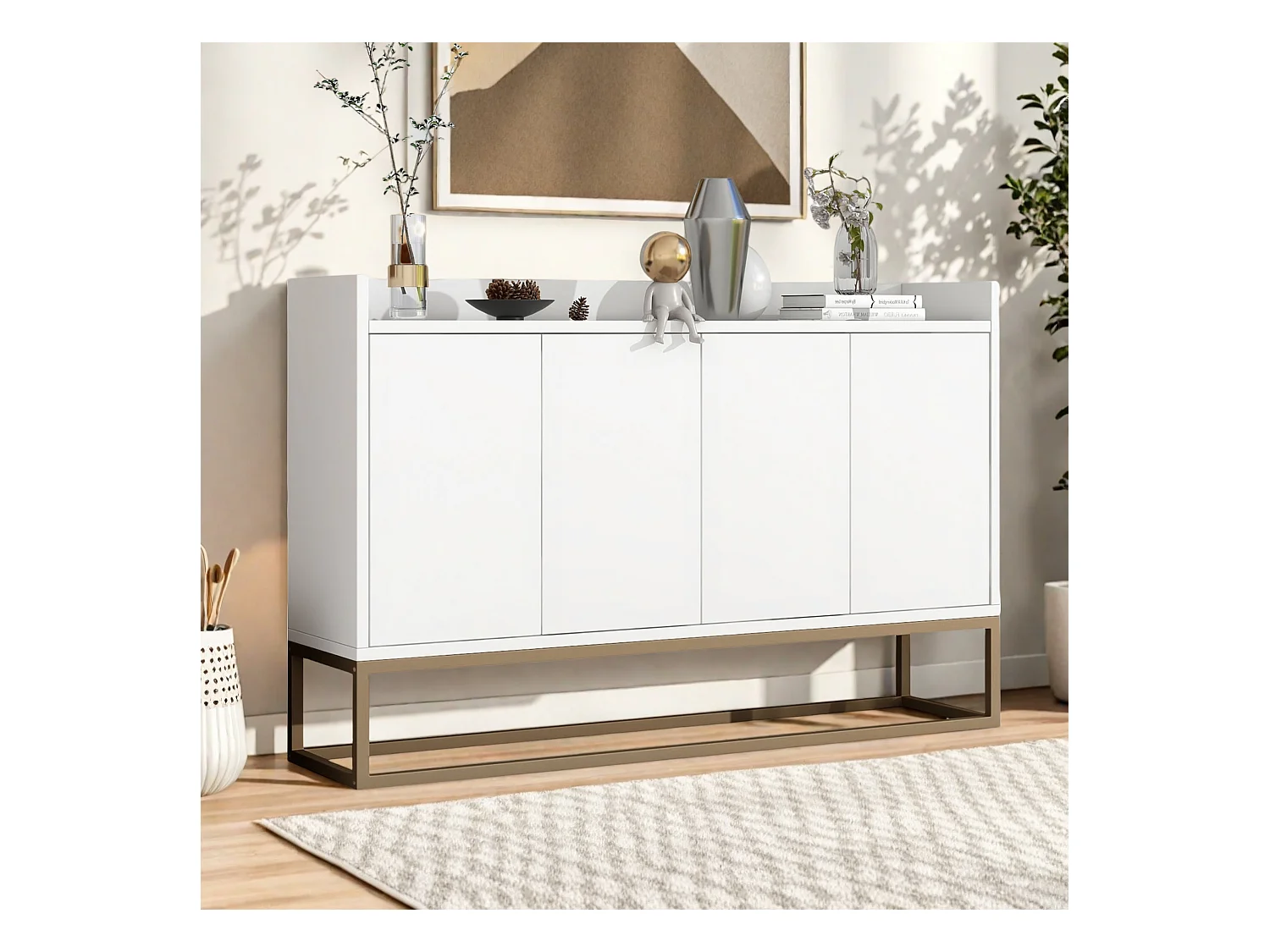 Buffet, Bahut, Buffet bas avec 4 Portes, Meuble de Rangement, Buffet Salon, Commode Moderne, 120x30x80cm, Blanc