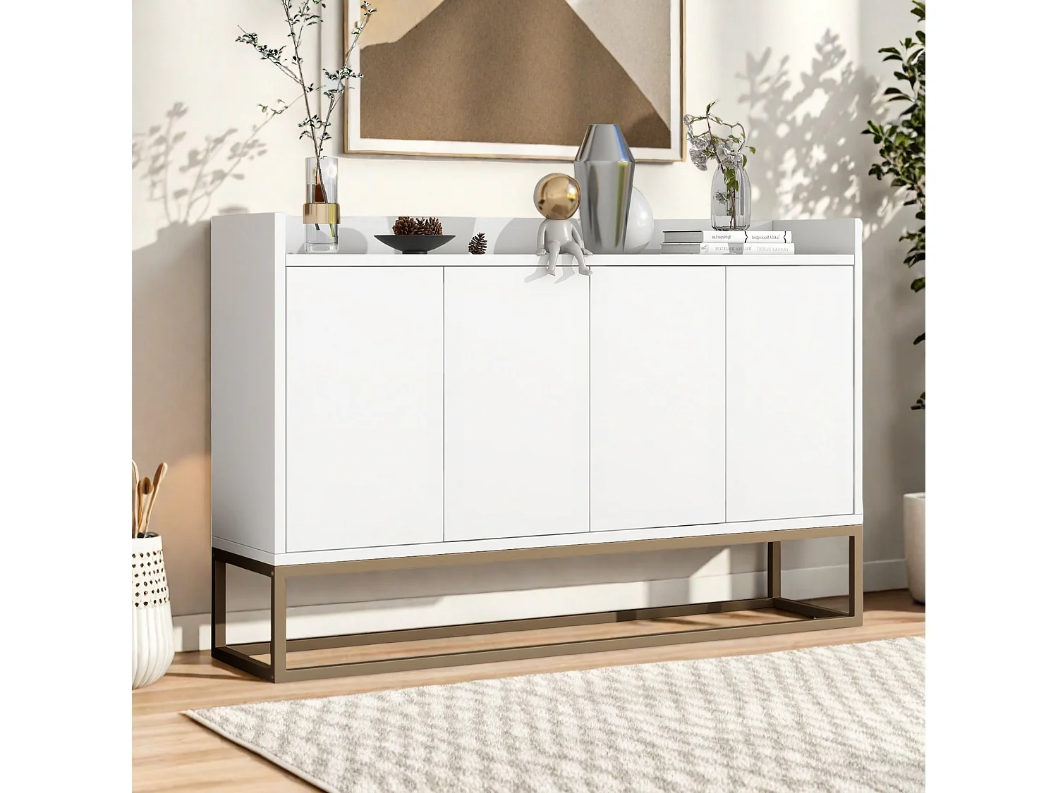 Buffet, Bahut, Buffet bas avec 4 Portes, Meuble de Rangement, Buffet Salon, Commode Moderne, 120x30x80cm, Blanc