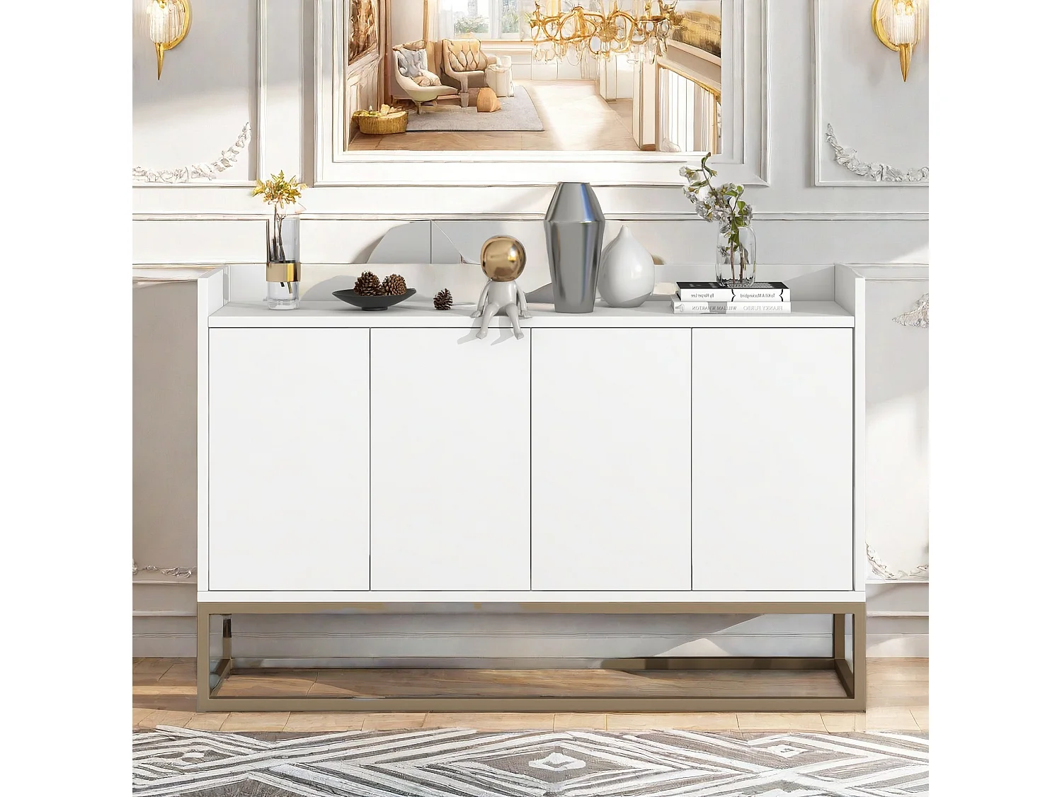 Buffet, Bahut, Buffet bas avec 4 Portes, Meuble de Rangement, Buffet Salon, Commode Moderne, 120x30x80cm, Blanc