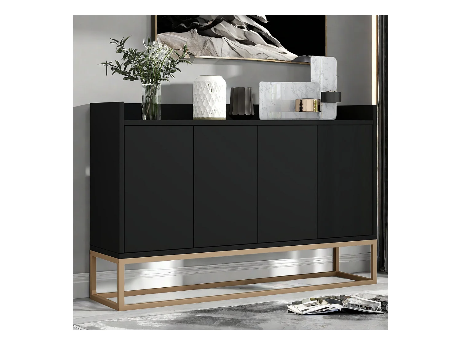 Bahut, Buffet bas avec 4 Portes, Buffet, Meuble de Rangement, Buffet Salon, Commode Moderne, 120x30x80cm, Noir
