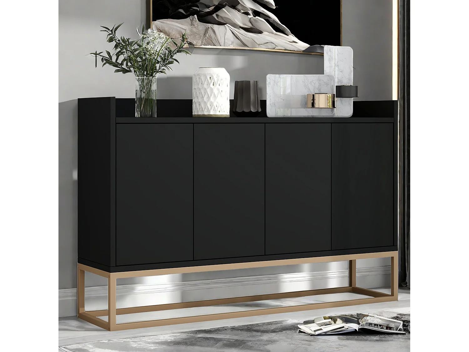 Bahut, Buffet bas avec 4 Portes, Buffet, Meuble de Rangement, Buffet Salon, Commode Moderne, 120x30x80cm, Noir