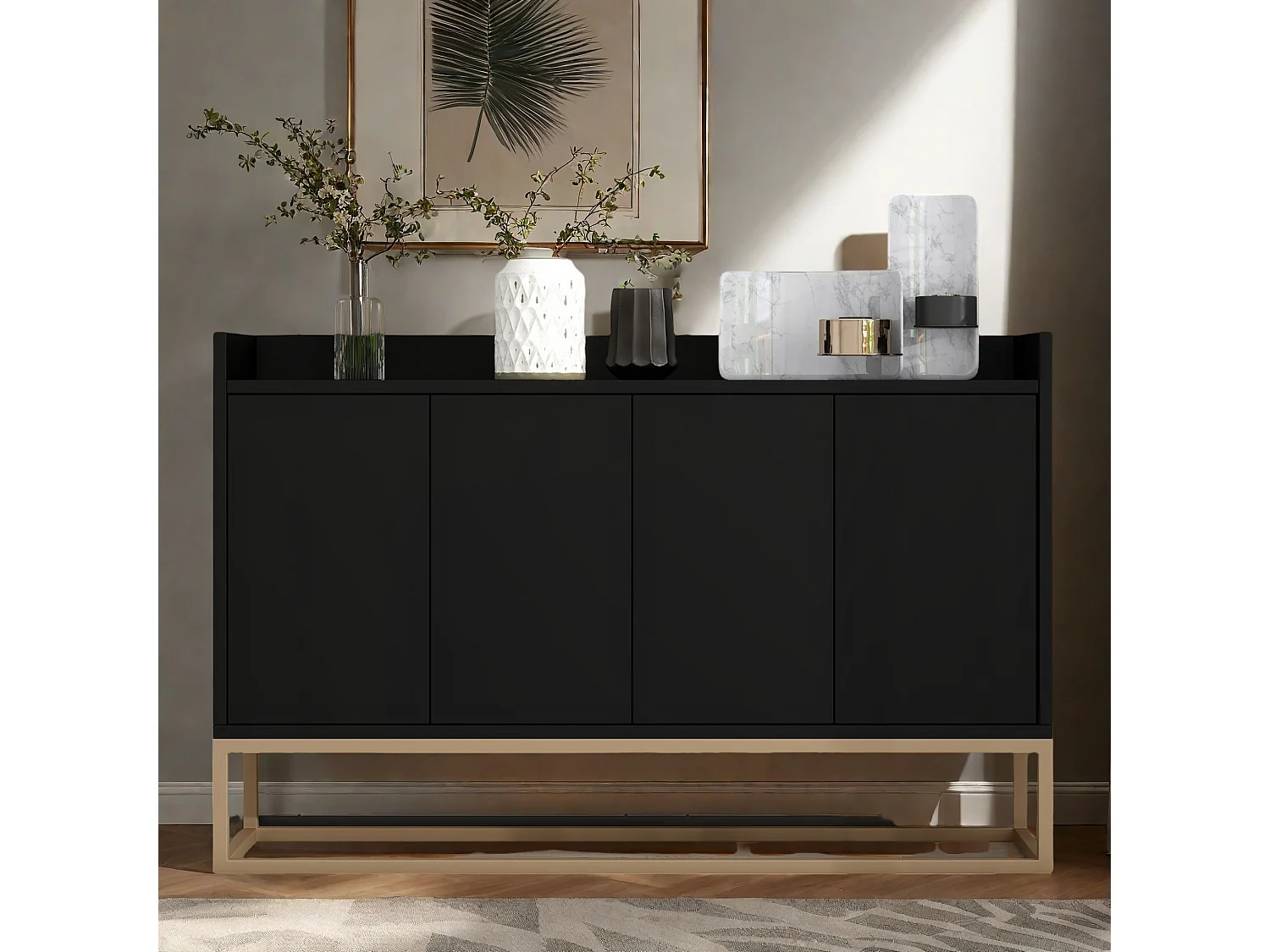 Bahut, Buffet bas avec 4 Portes, Buffet, Meuble de Rangement, Buffet Salon, Commode Moderne, 120x30x80cm, Noir
