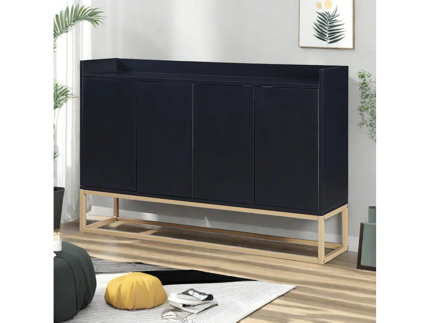 Bahut, Buffet bas avec 4 Portes, Buffet, Meuble de Rangement, Buffet Salon, Commode Moderne, 120x30x80cm, Noir