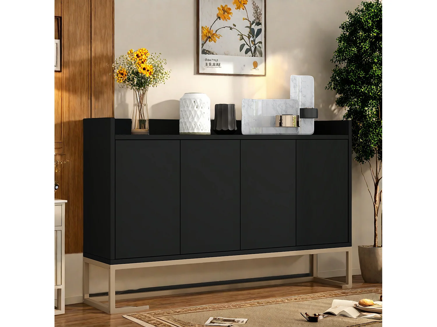 Bahut, Buffet bas avec 4 Portes, Buffet, Meuble de Rangement, Buffet Salon, Commode Moderne, 120x30x80cm, Noir