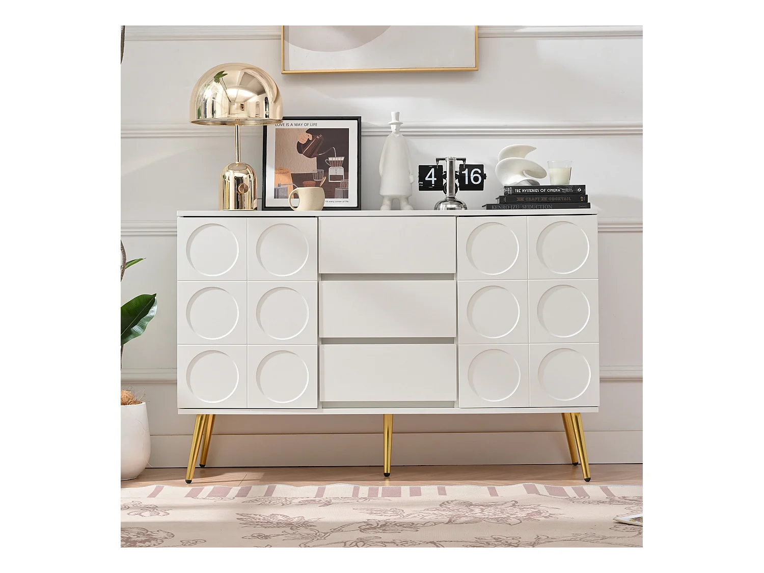 Buffet bahut 3 tiroirs et 2 portes | 120x40x78 cm | Couleur Blanc Finition brillante | Meuble de Rangement | Buffet Moderne