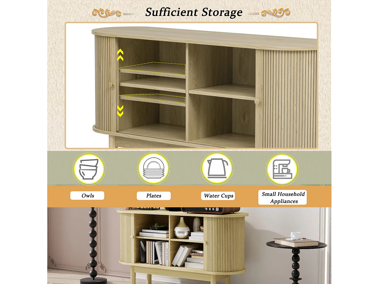 Buffet Bahut 138x43x75cm - 2 Portes coulissante - Pieds en pin - Buffet bahut salon/cuisine - Vintage - Etagère Réglable