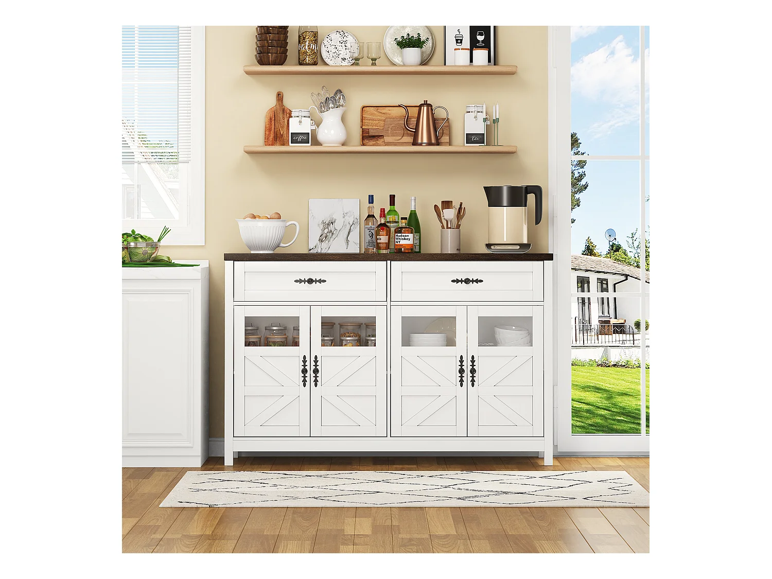Bahut, Buffet avec 2 Tiroirs et 4 Portes, Buffet Rangement, Armoire de Cuisine, Style Campagne, Bahut de Salon, Blanc Rustique