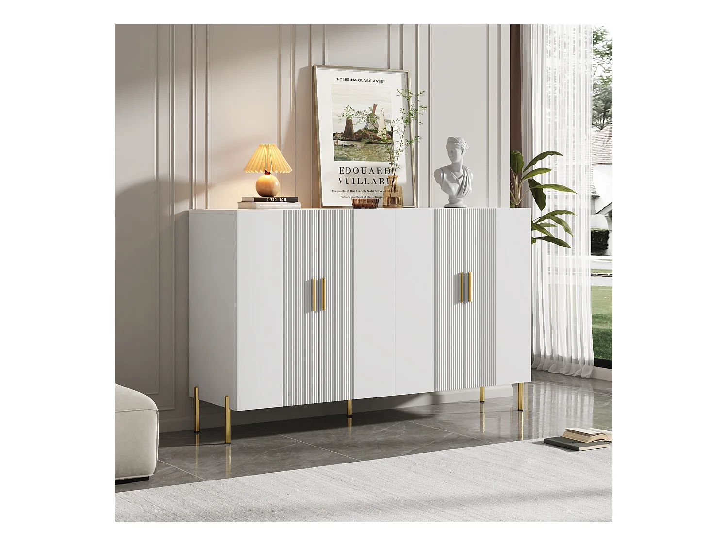 Buffet moderne blanc buffet bas 4 portes pour salon pieds en métal décoration dorée 160x36.5x100 cm