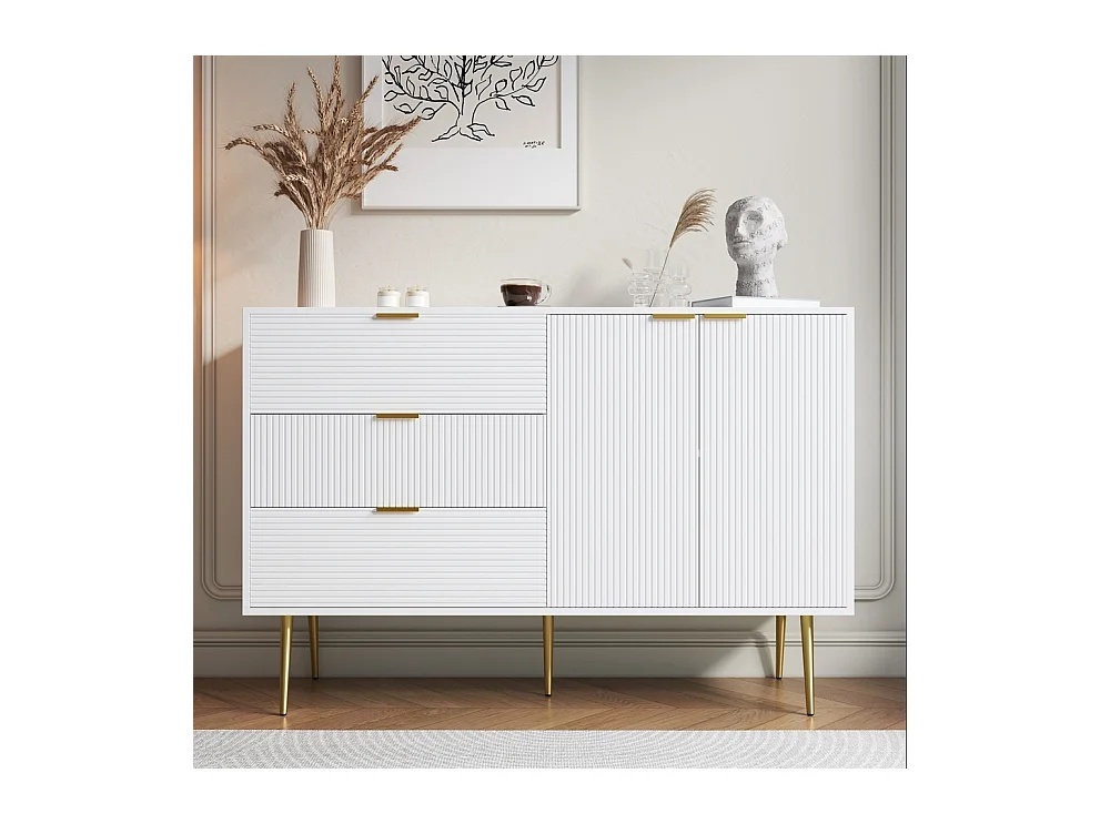 Buffet avec 2 portes 3 tiroirs, 120x38x80.5 cm, Meuble de rangement, Style moderne, Blanc Finition Mate, Buffet de salon
