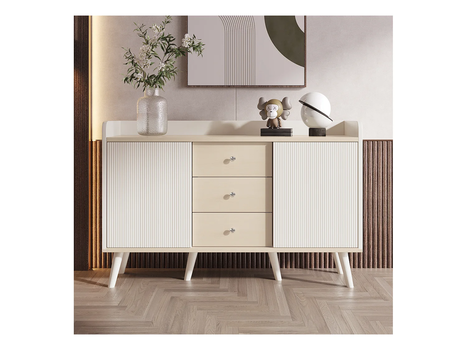 Buffet 2 Portes et 3 Tiroirs, Buffet Bahut Moderne en bois avec Etagère de Rangement, Meuble bas, Blanc