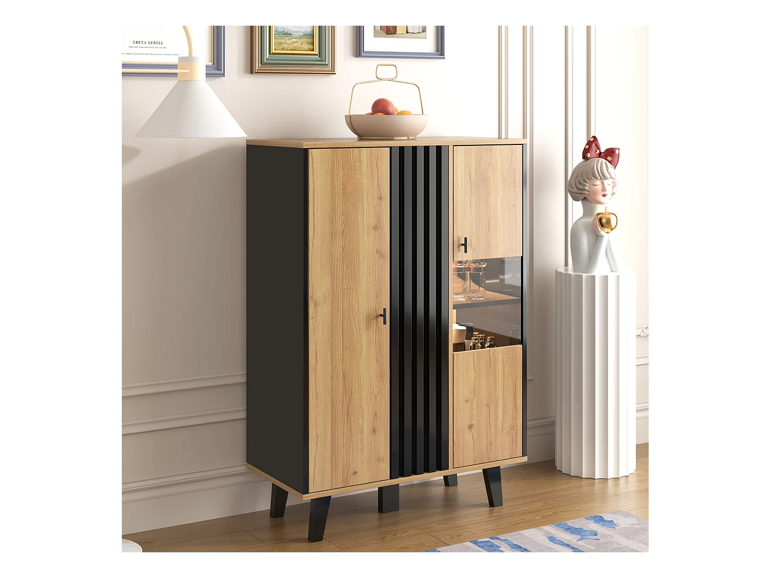 Buffet Bahut 2 portes, Meuble de rangement, Vitrines avec verre et éclairage LED, Panneaux de particules, Buffet Salon