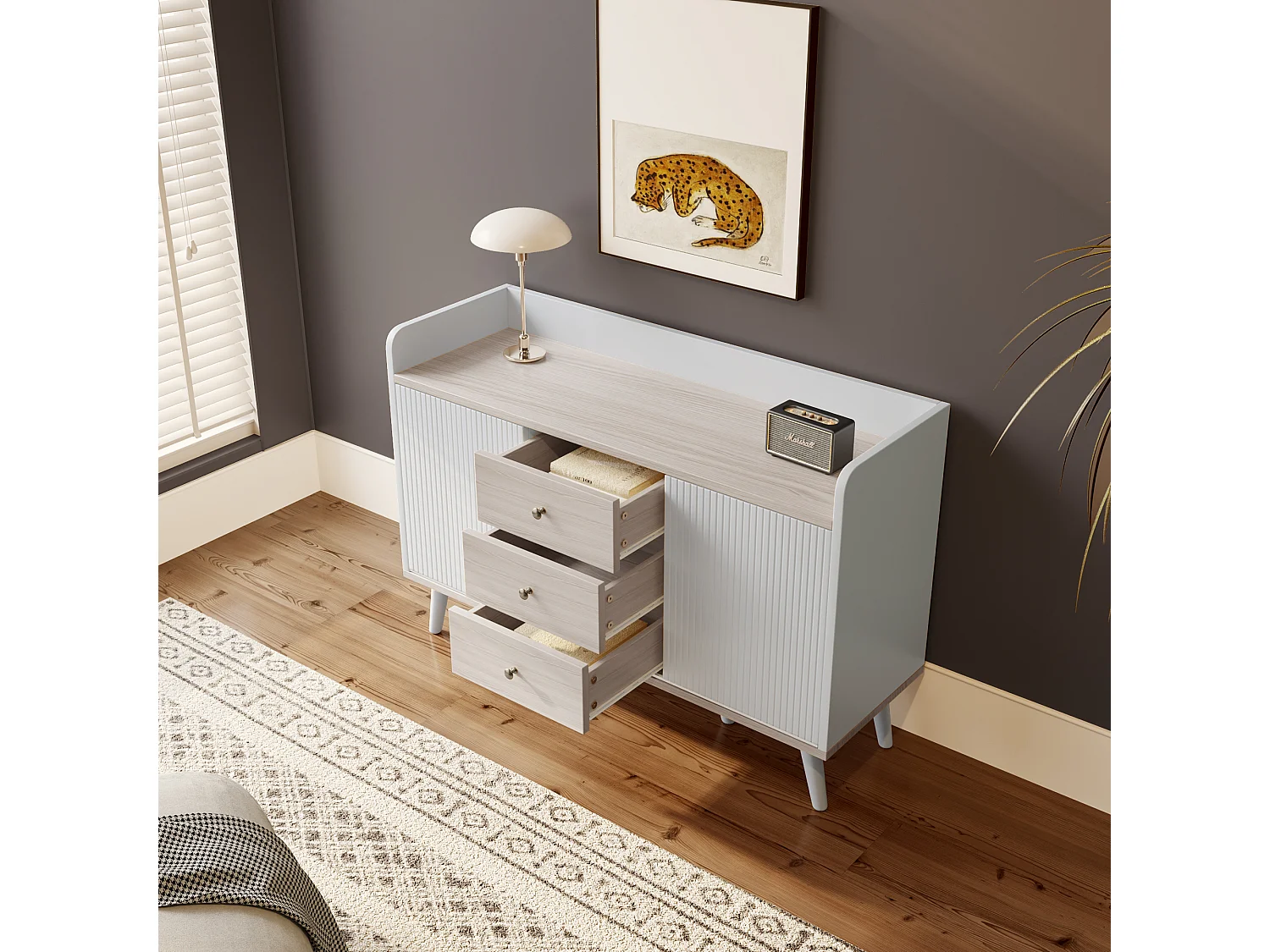 Buffet avec 3 tiroirs 2 portes, Bahut de salle à manger/chambre, Buffet bahut de salon moderne, 117.5x40x80 cm, Blanc