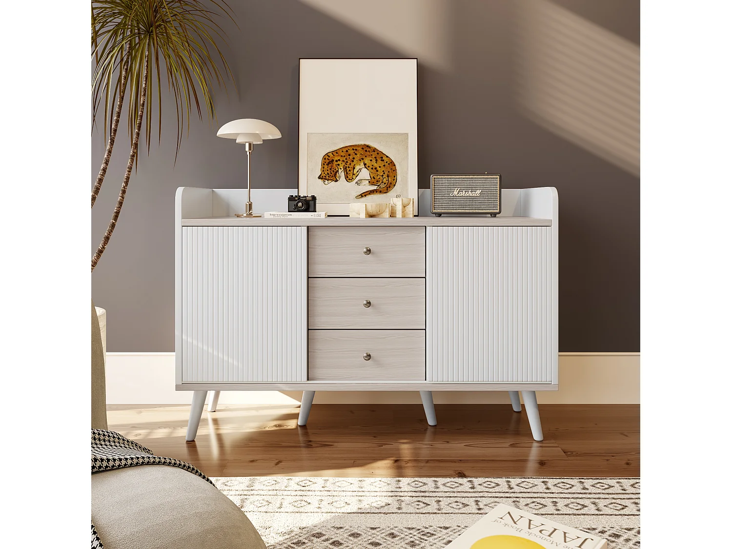 Buffet avec 3 tiroirs 2 portes, Bahut de salle à manger/chambre, Buffet bahut de salon moderne, 117.5x40x80 cm, Blanc