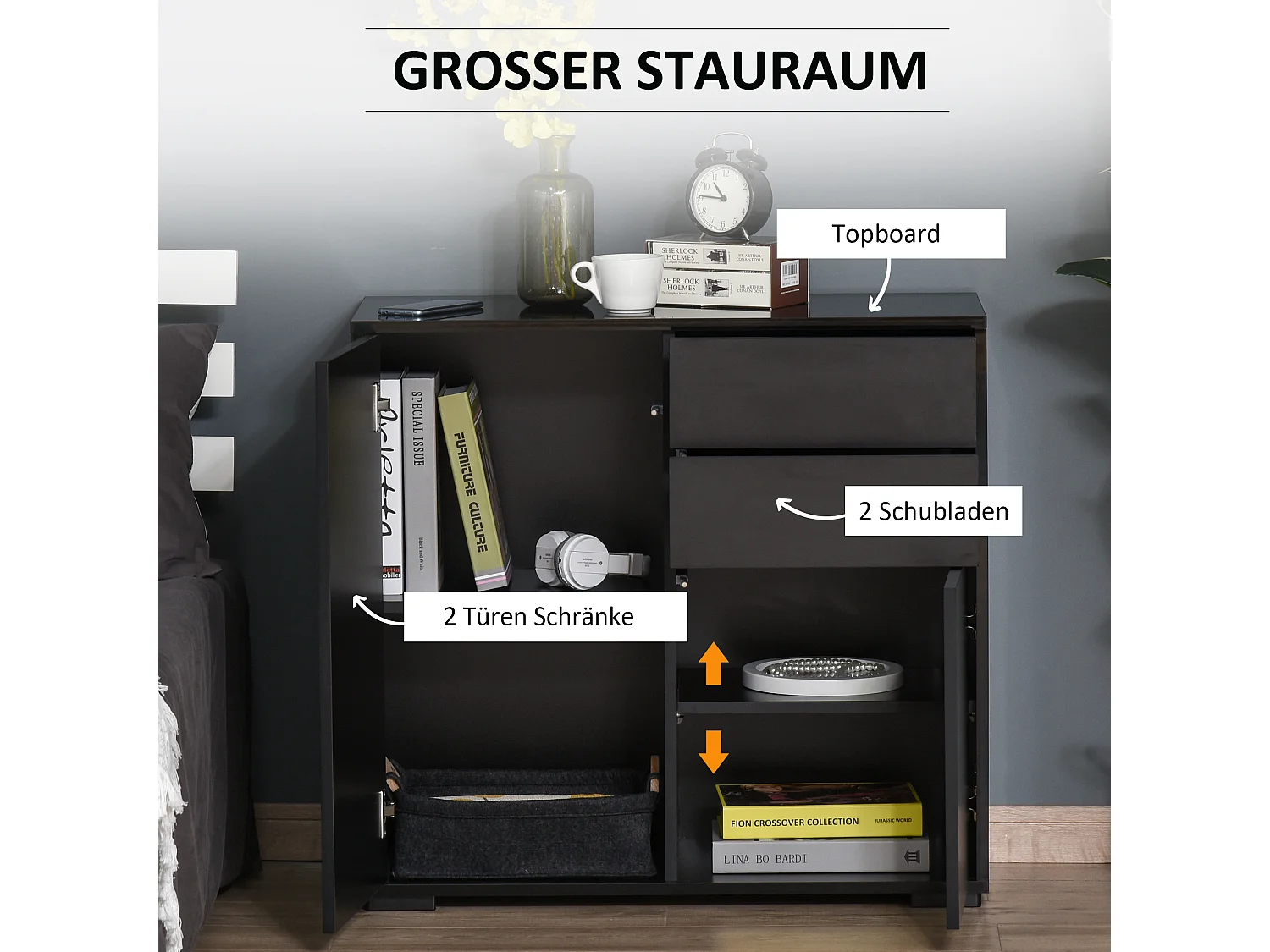 Buffet Bahut Moderne Meuble de Rangement 2 Tiroirs 2 Portes 117x36x74 cm Noir Meuble Bas Buffet Bahut de Salon/cuisine