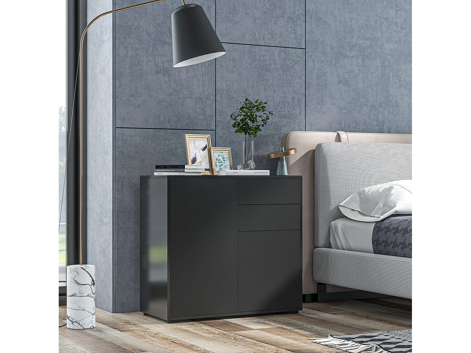 Buffet Bahut Moderne Meuble de Rangement 2 Tiroirs 2 Portes 117x36x74 cm Noir Meuble Bas Buffet Bahut de Salon/cuisine