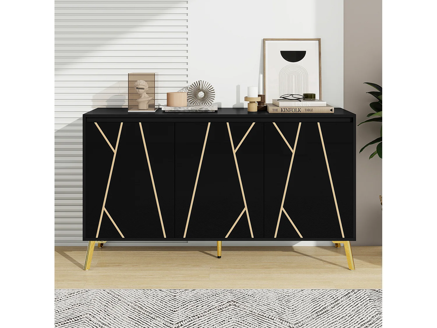 Buffet moderne, Buffet Bahut avec 3 portes de salon, bahut finition mate, Meuble de rangement, 140x40x80 cm, Noir