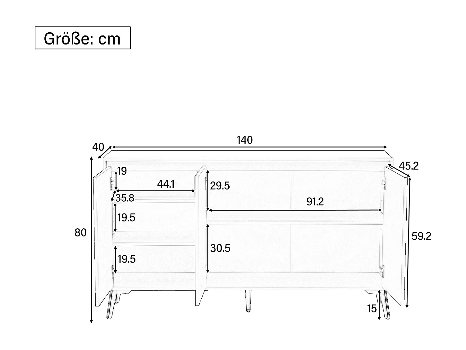 Buffet moderne, Buffet Bahut avec 3 portes de salon, bahut finition mate, Meuble de rangement, 140x40x80 cm, Noir