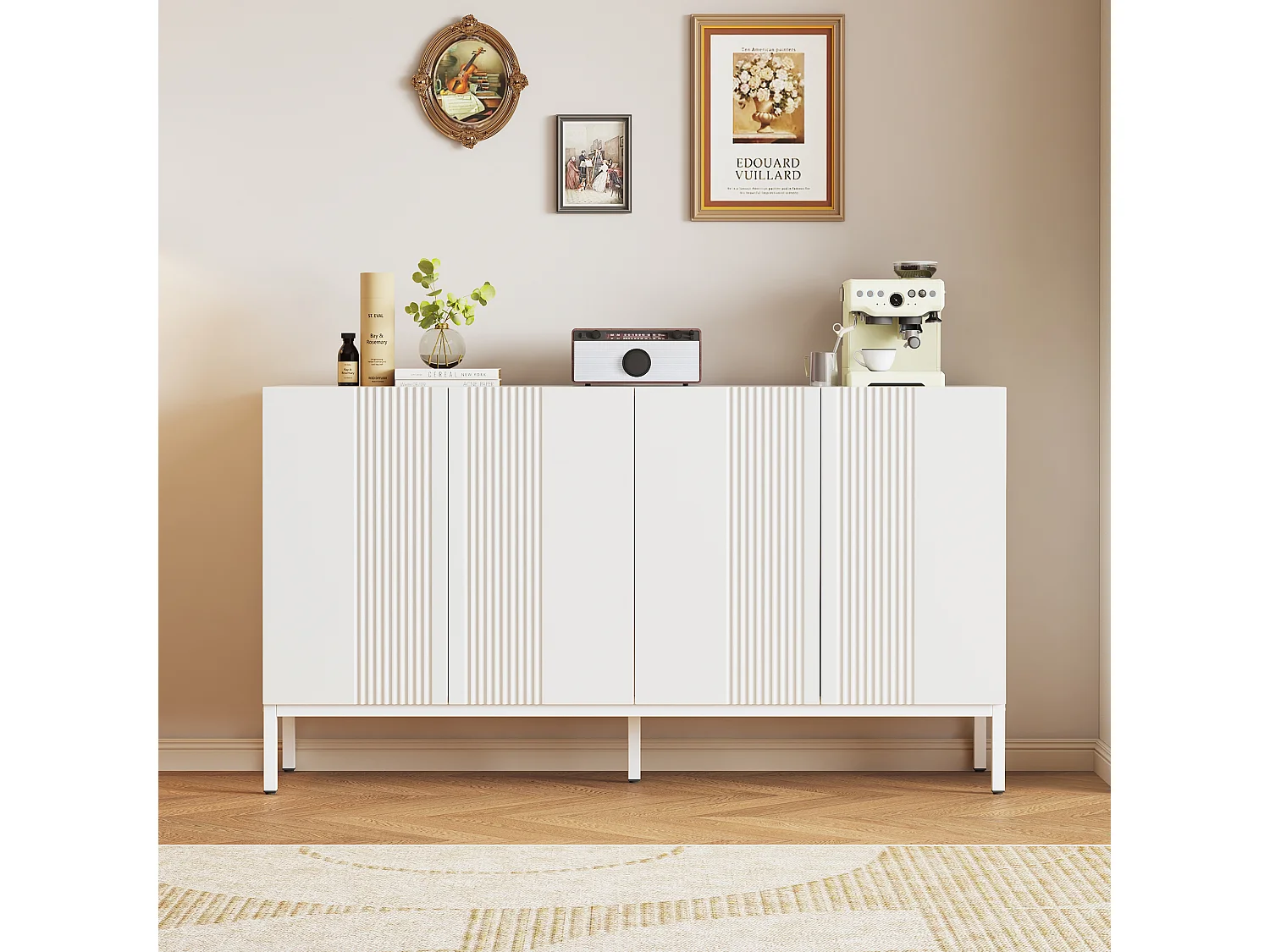 Buffet 4 Portes - Porte Centrale à Charnière - 145x41.5x80 cm - Blanc Finition Brillante - Buffet de Salon
