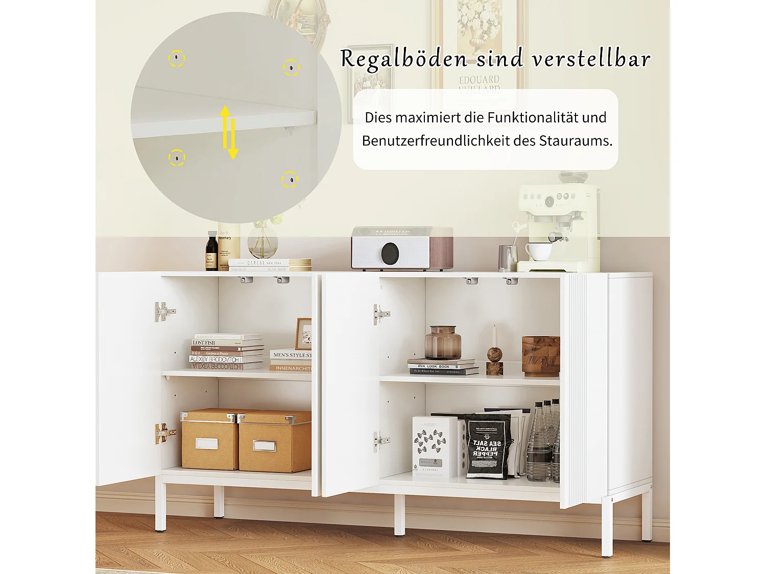 Buffet 4 Portes - Porte Centrale à Charnière - 145x41.5x80 cm - Blanc Finition Brillante - Buffet de Salon