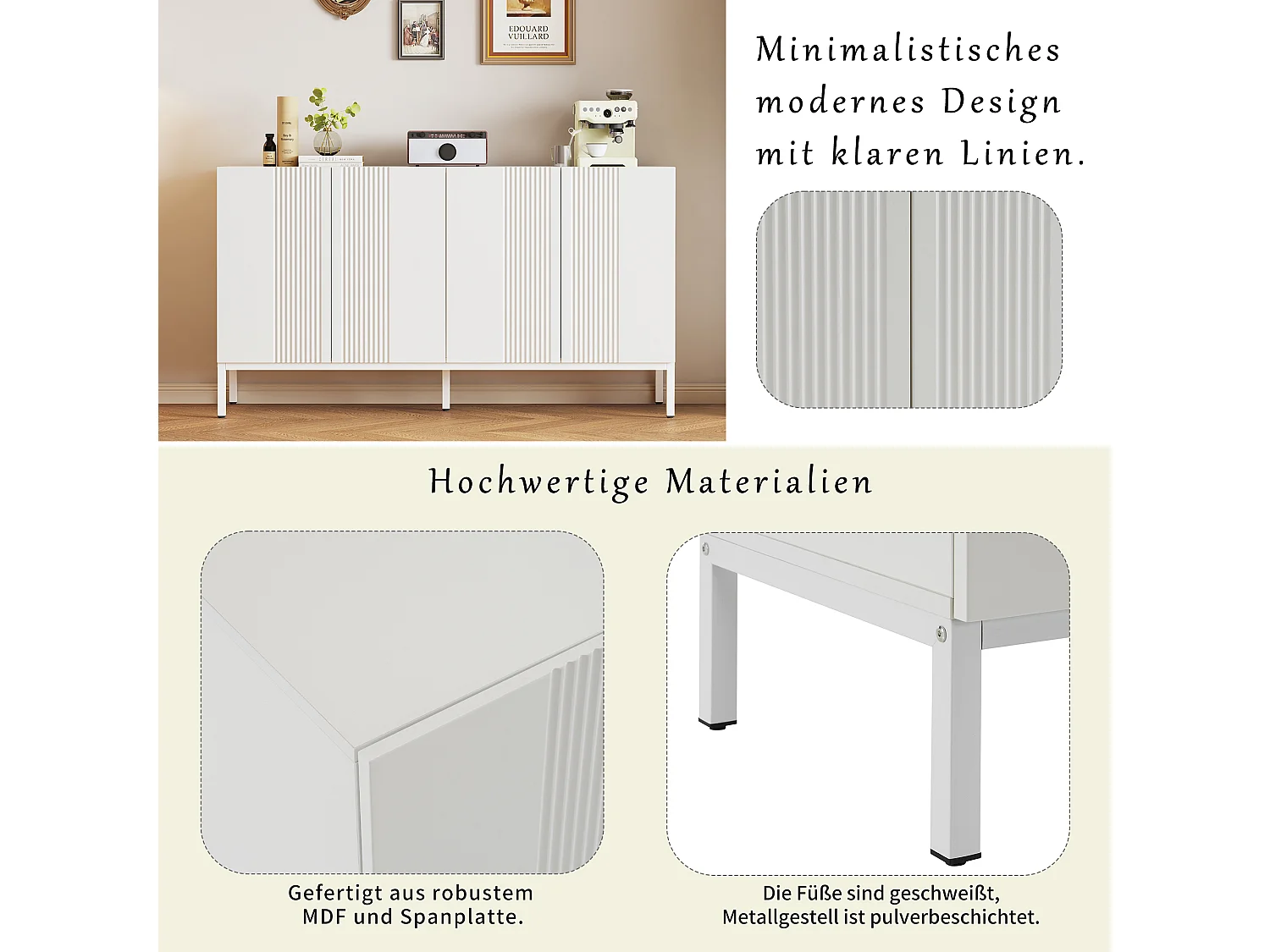 Buffet 4 Portes - Porte Centrale à Charnière - 145x41.5x80 cm - Blanc Finition Brillante - Buffet de Salon