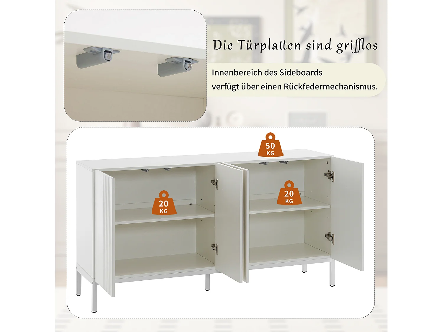 Buffet 4 Portes - Porte Centrale à Charnière - 145x41.5x80 cm - Blanc Finition Brillante - Buffet de Salon