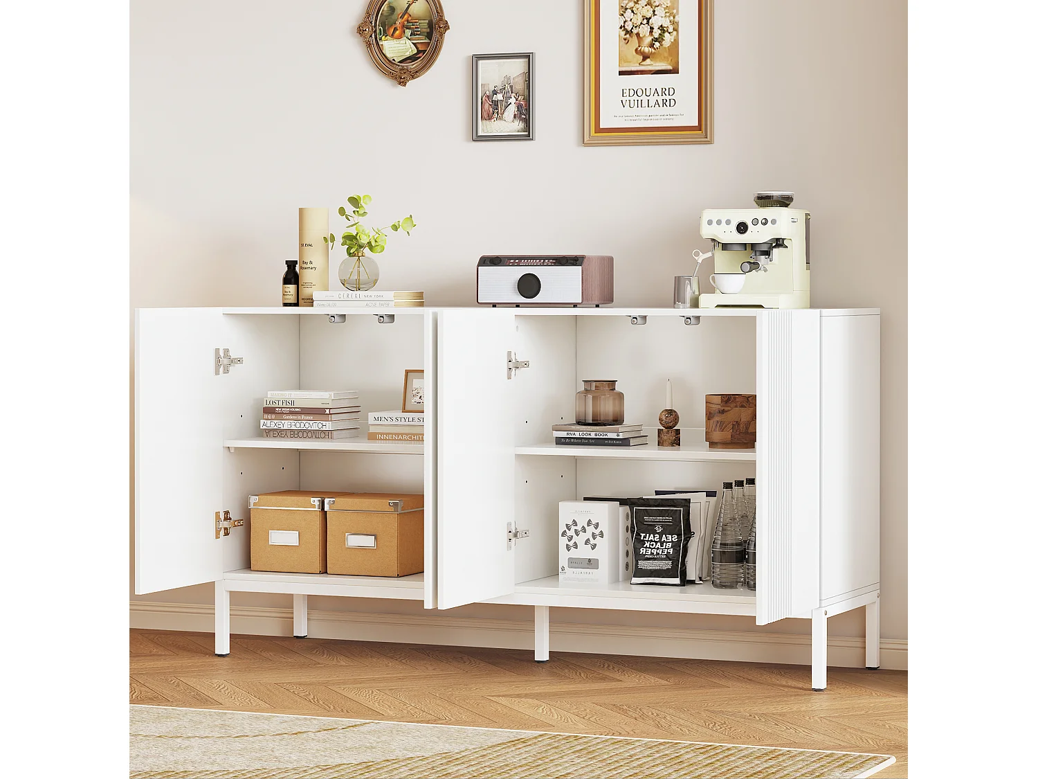 Buffet 4 Portes - Porte Centrale à Charnière - 145x41.5x80 cm - Blanc Finition Brillante - Buffet de Salon