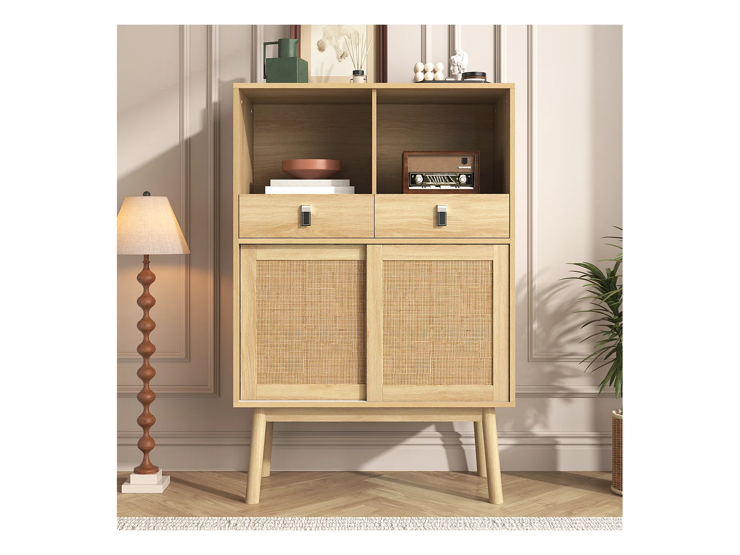 Buffet Moderne - Panneaux de particules - 80x39.5x120 cm - 2 Tiroirs et 2 portes en rotin, 2 étagères - Bahut de salon