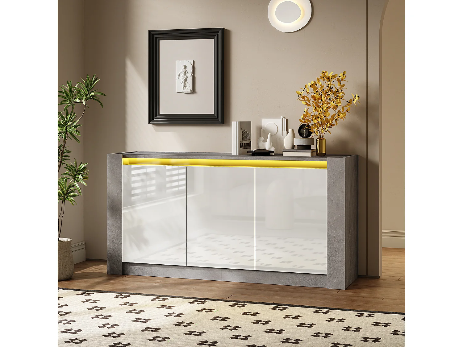 Buffet 3 Portes LED | 150x40x75 cm | Couleur Blanc et Gris Finition Brillante | Meuble de Rangement | Style Moderne
