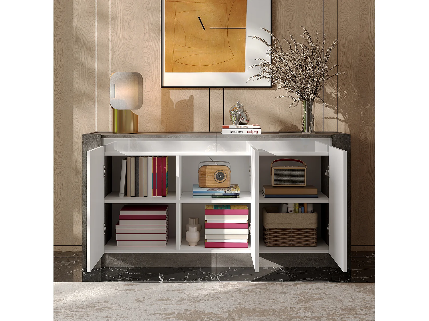 Buffet 3 Portes LED | 150x40x75 cm | Couleur Blanc et Gris Finition Brillante | Meuble de Rangement | Style Moderne