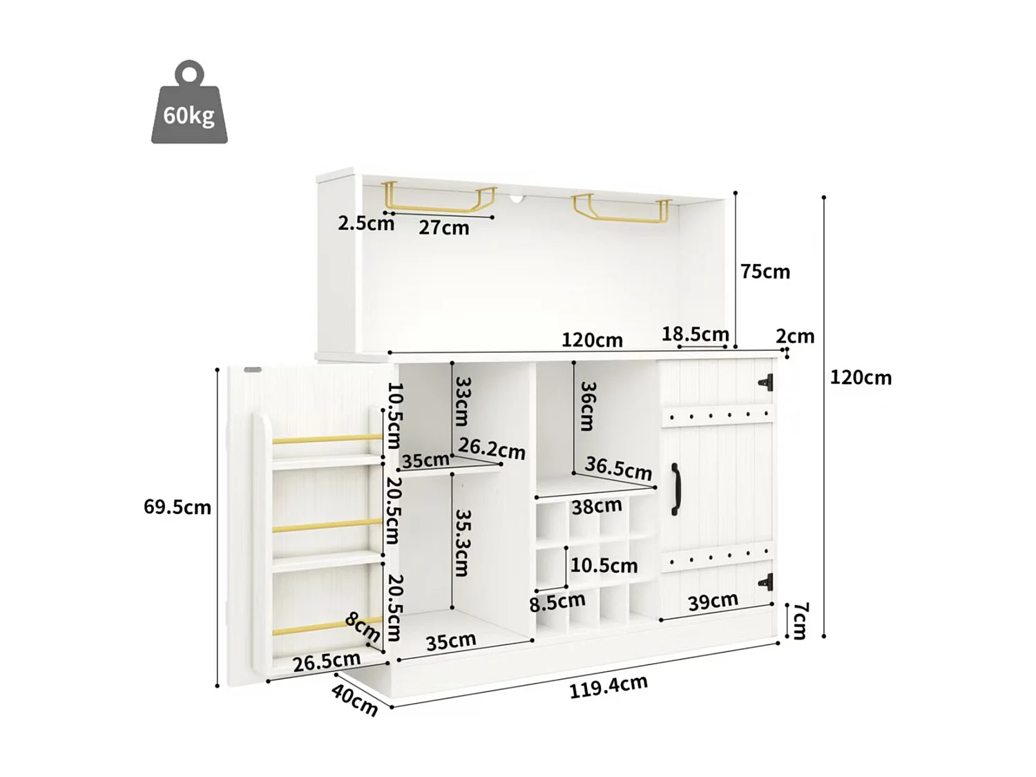 Buffet 2 portes 2 étagères pour salon ou salle à manger | Buffet Rangement | 119.4x40x120 cm | Blanc | Buffet moderne