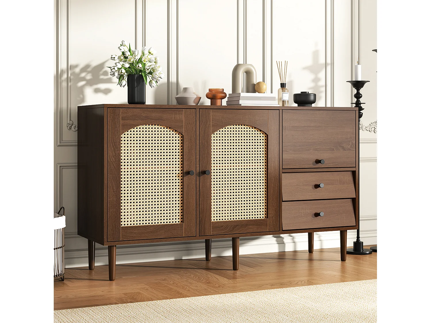 Buffet de Salon Style Rustique, Buffet Bahut 3 Portes en rotin 2 Tiroirs, 130x40x75.5 cm, Meuble de Rangement