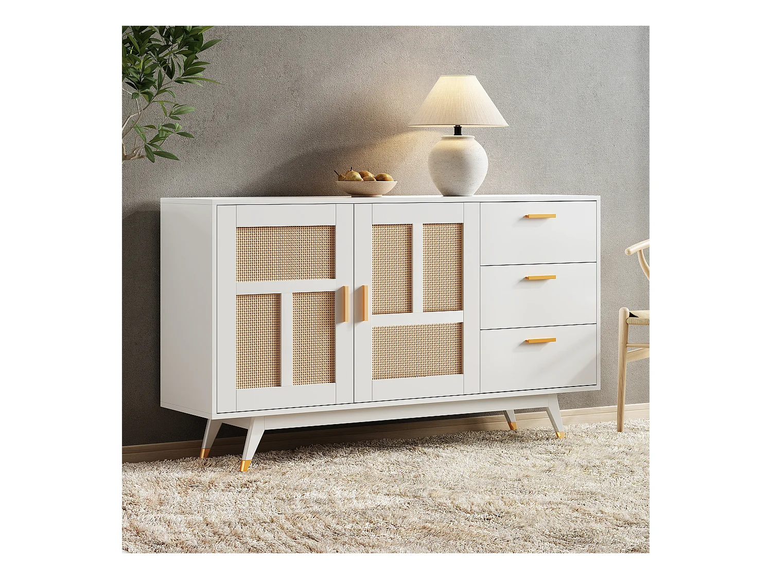 Buffet bahut avec 2 portes et 3 tiroirs, 160x40x87 cm, Style moderne, Buffet bas, Meuble de rangement, Blanc