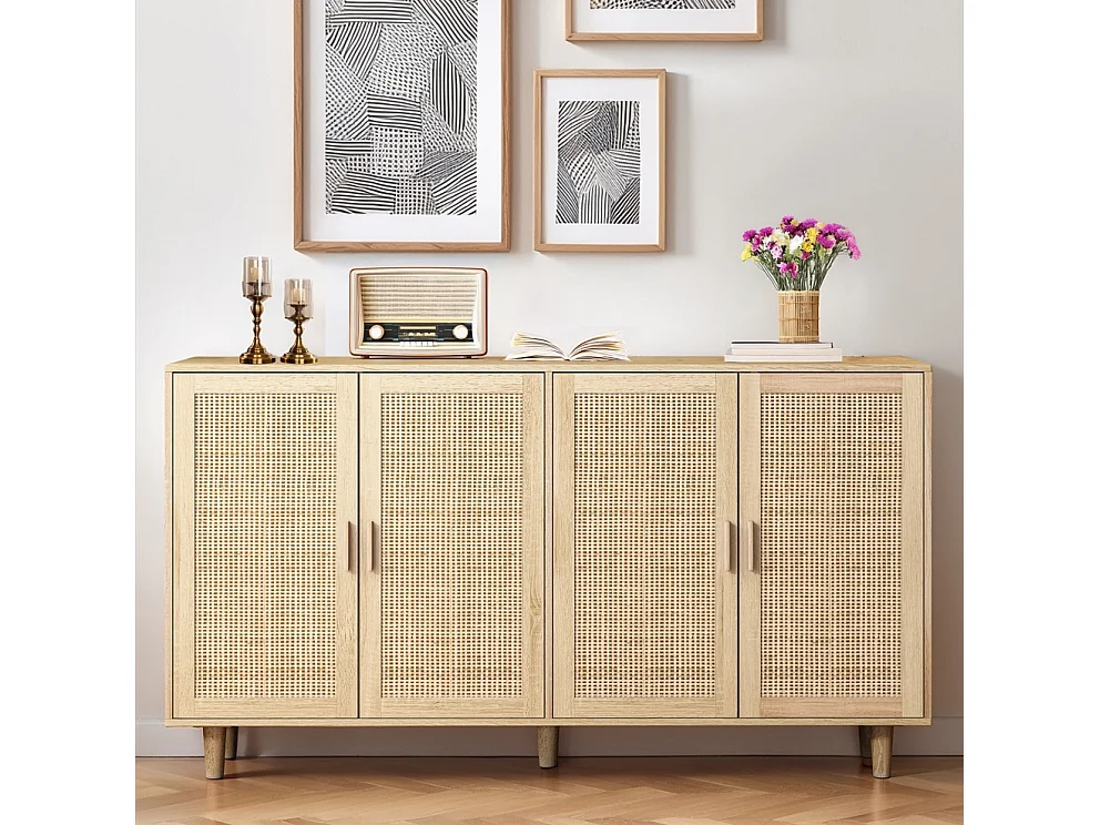 Buffet de Salon - Buffet bas - Panneaux de particules - 158x40x88 cm - 4 portes en rotin - Meuble de rangement - Moderne