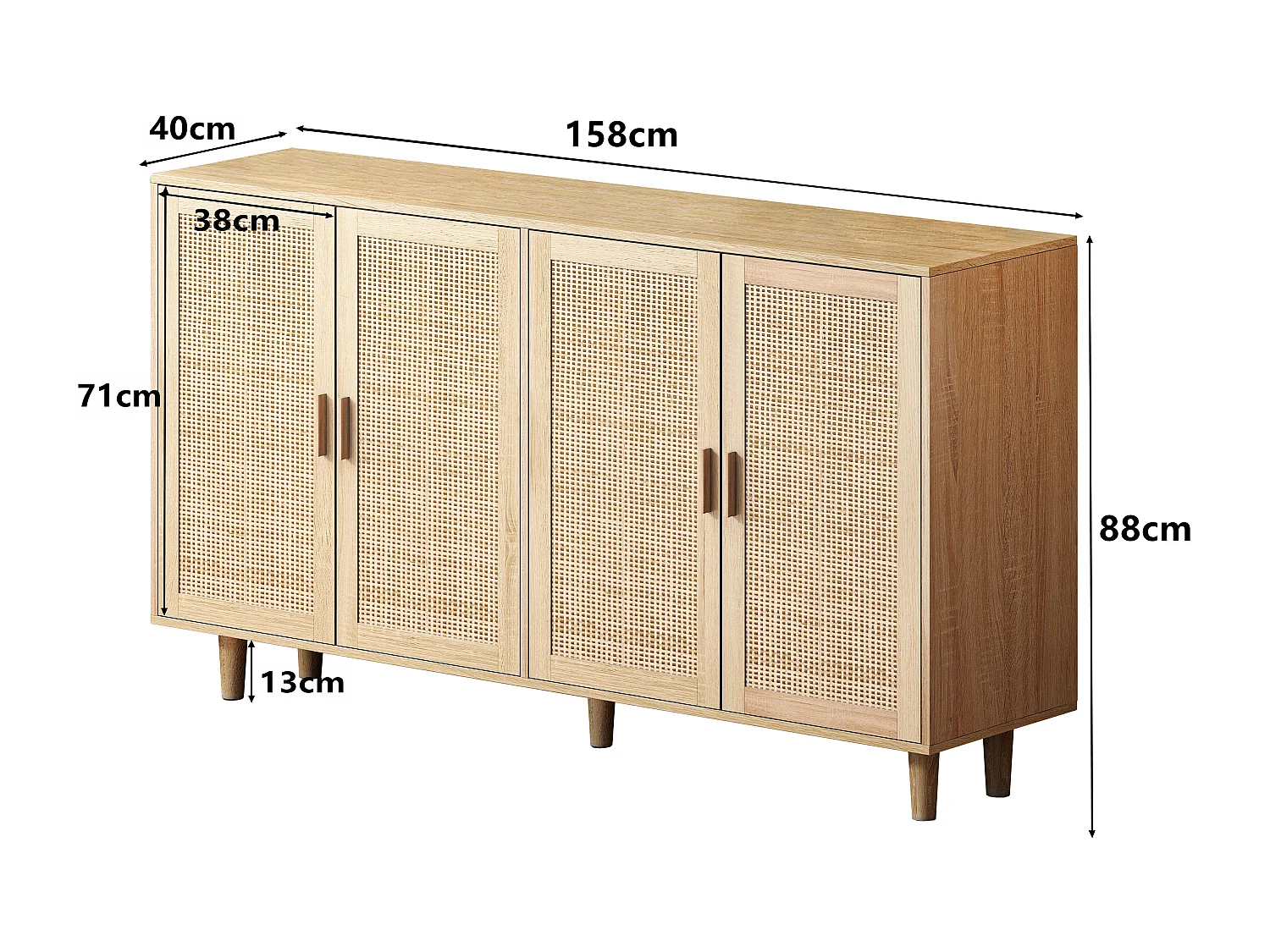 Buffet de Salon - Buffet bas - Panneaux de particules - 158x40x88 cm - 4 portes en rotin - Meuble de rangement - Moderne