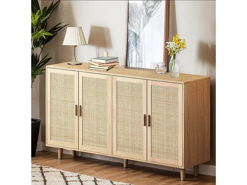 Buffet de Salon - Buffet bas - Panneaux de particules - 158x40x88 cm - 4 portes en rotin - Meuble de rangement - Moderne