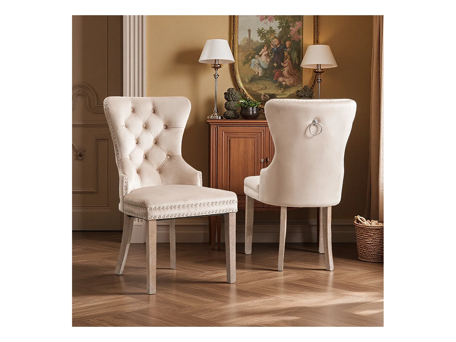Lot de 2 Chaise de salle à manger - Pieds en bois chêne - Assise en velours - Décor rivet - Beige