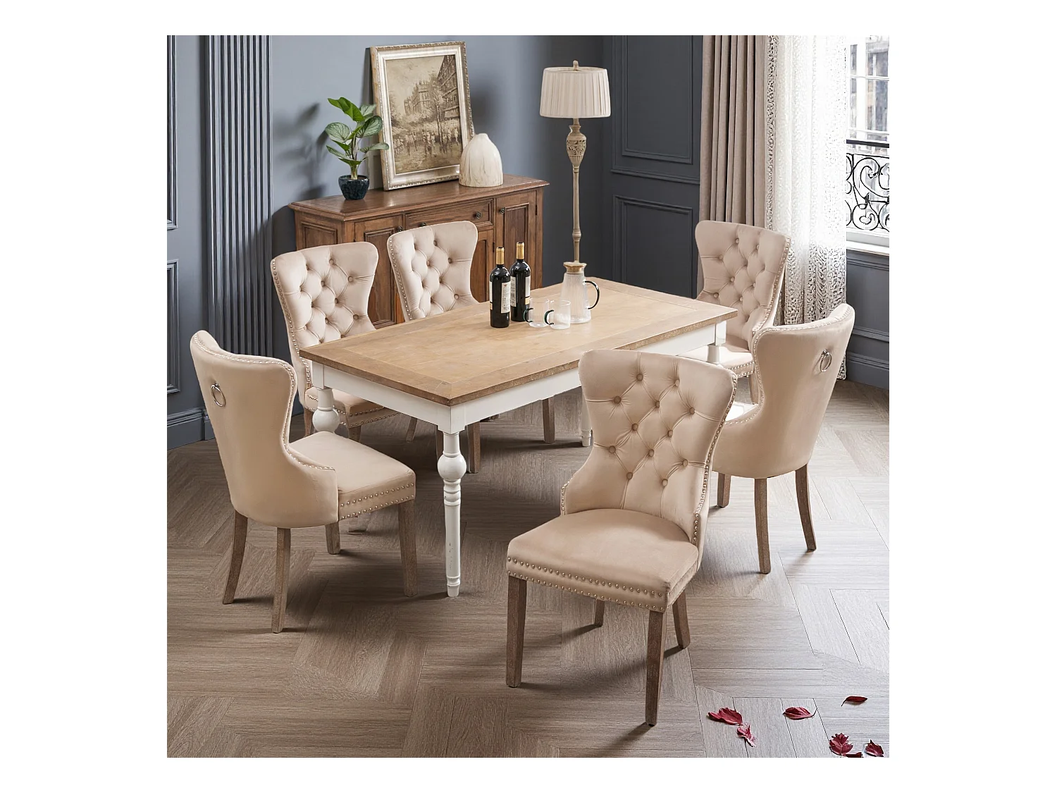 Lot de 6 Chaise de salle à manger - Pieds en bois chêne - Assise en velours - Décor rivet - Beige