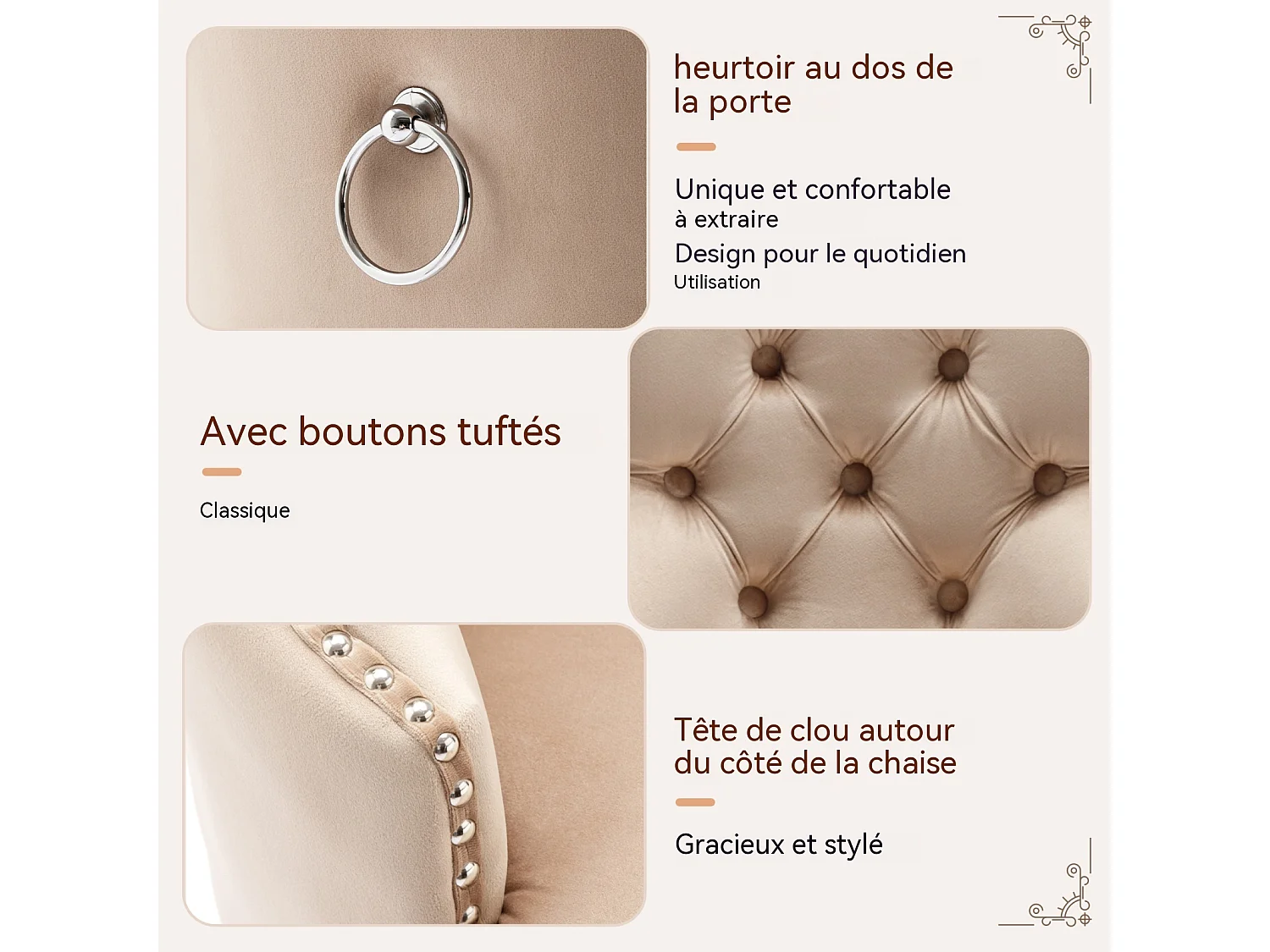 Set di 6 Sedie da Pranzo in Velluto Beige con Gambe in Quercia Chiara e Decorazioni con Borchie, Comfort ed Eleganza