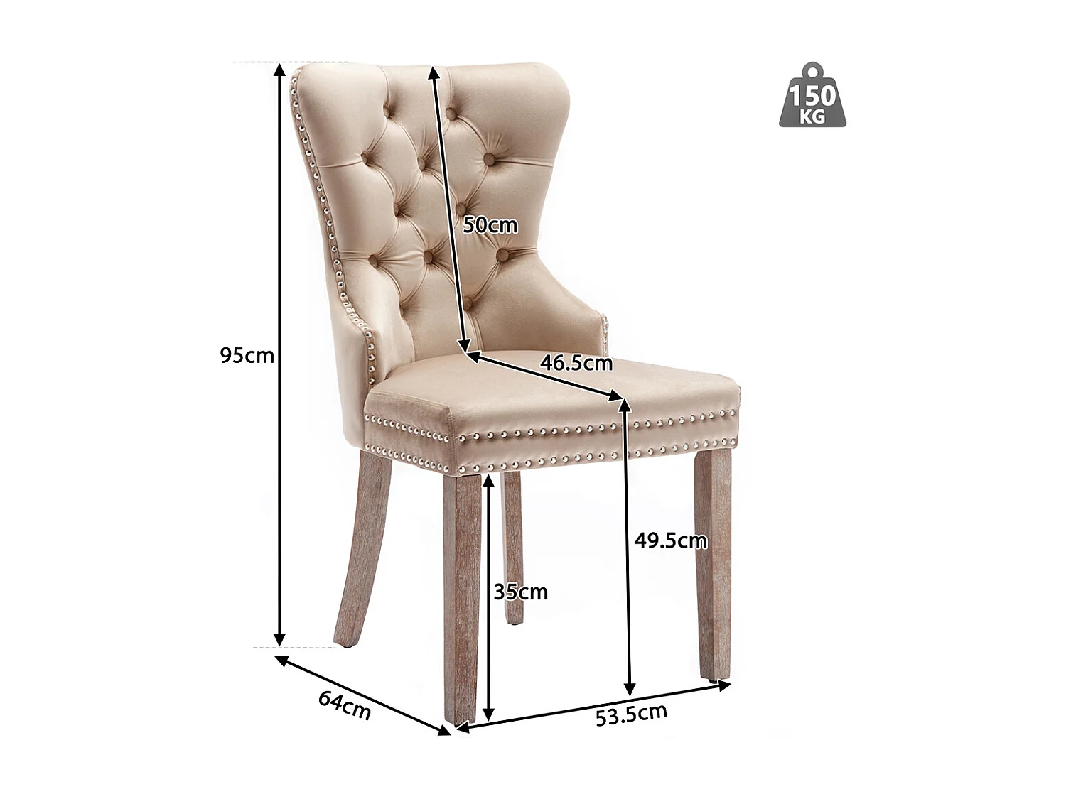 Set di 6 Sedie da Pranzo in Velluto Beige con Gambe in Quercia Chiara e Decorazioni con Borchie, Comfort ed Eleganza