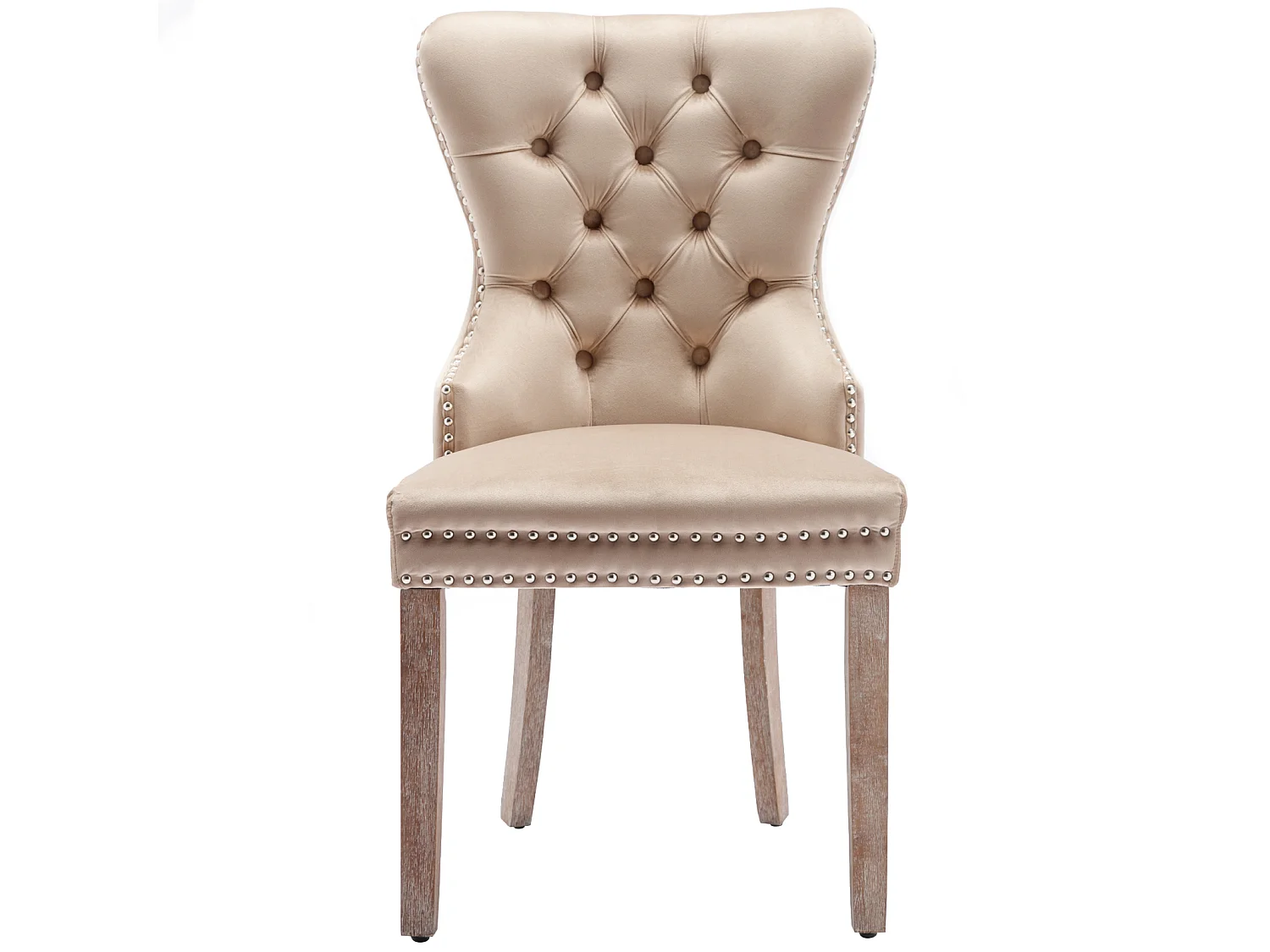 Lot de 6 Chaise de salle à manger - Pieds en bois chêne - Assise en velours - Décor rivet - Beige
