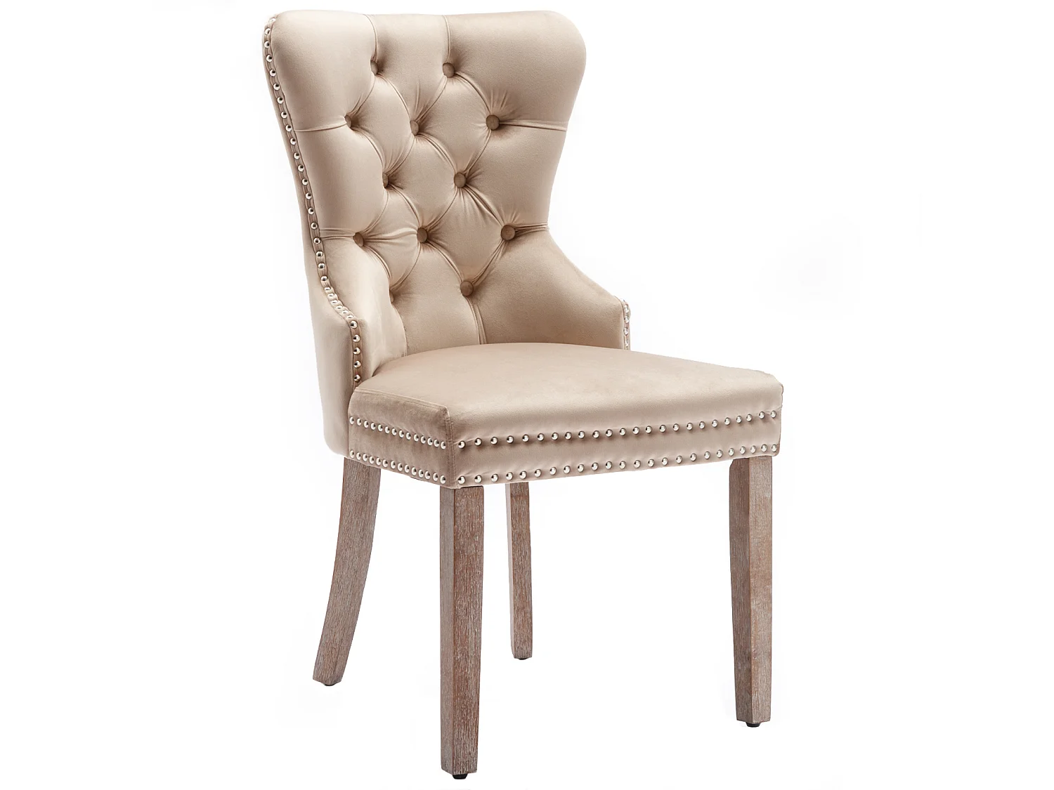 Lot de 6 Chaise de salle à manger - Pieds en bois chêne - Assise en velours - Décor rivet - Beige