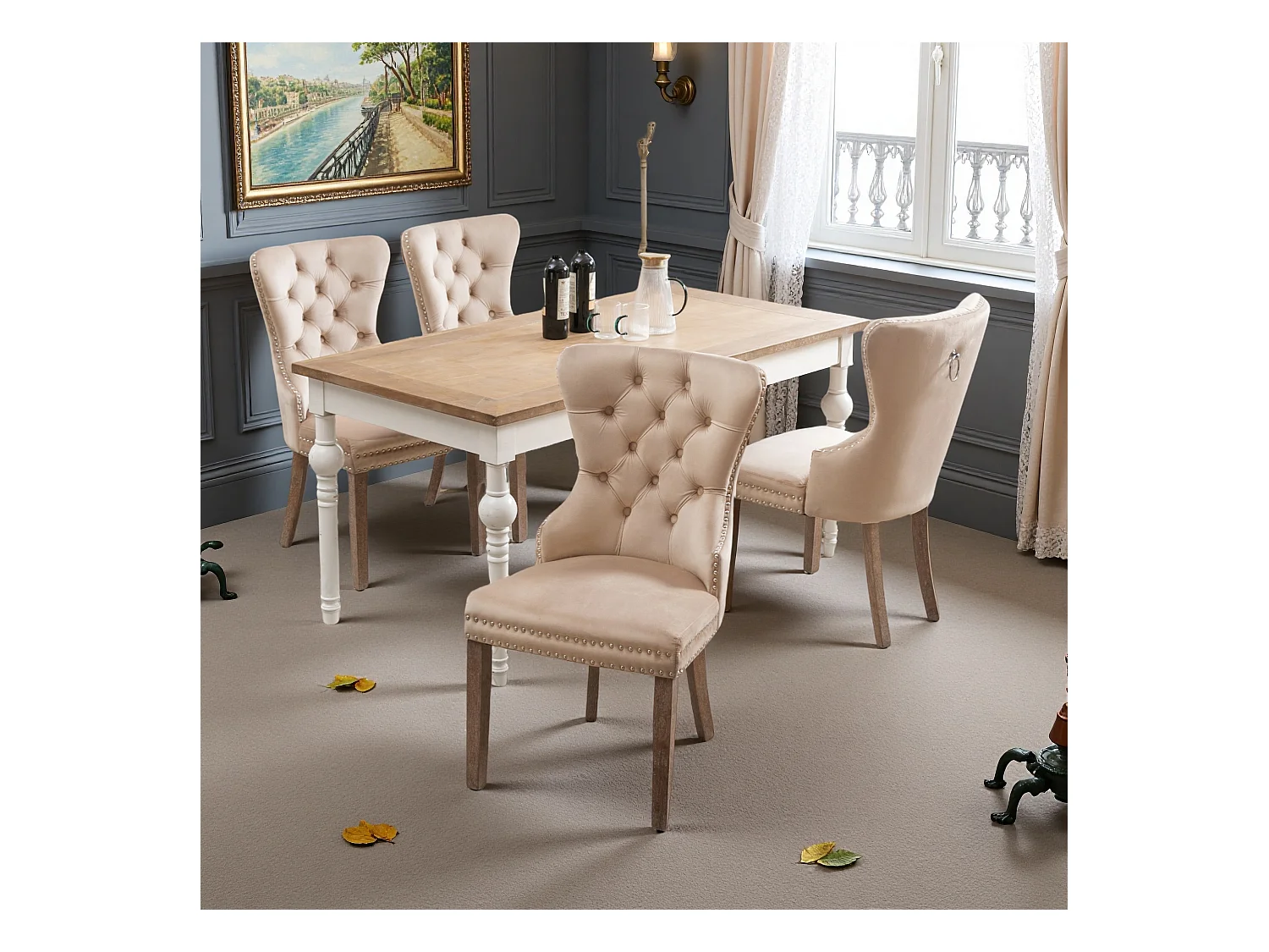 Lot de 4 Chaise de salle à manger - Pieds en bois chêne - Assise en velours - Décor rivet - Beige