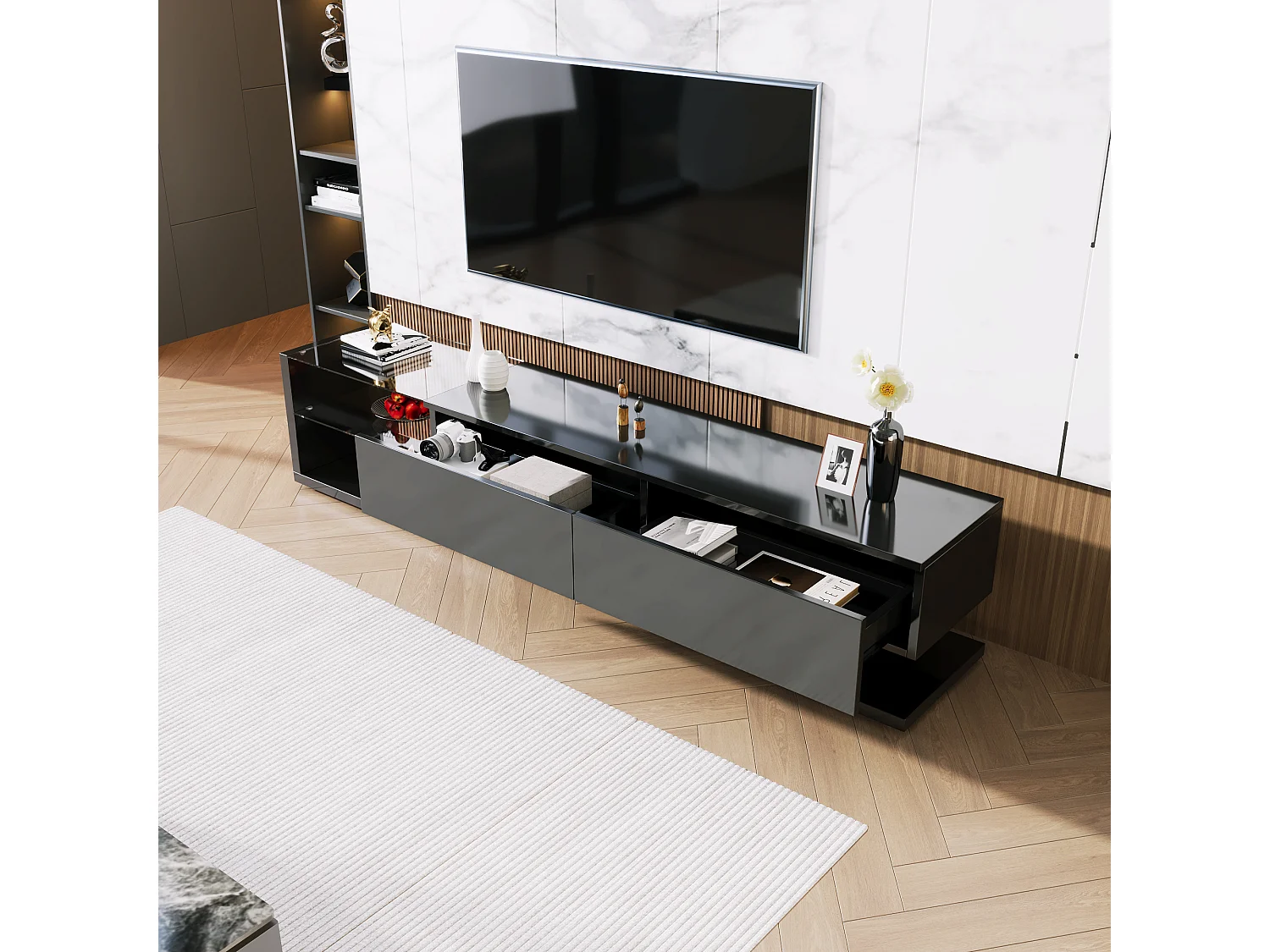 Meuble TV avec lumières LED,2 Tiroirs 2 Etagères de rengement,Moderne,Meuble de salon,170x36x38 cm,Buffet,Noir