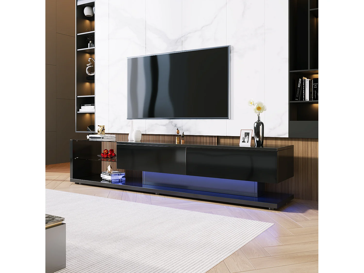 Meuble TV avec lumières LED,2 Tiroirs 2 Etagères de rengement,Moderne,Meuble de salon,170x36x38 cm,Buffet,Noir