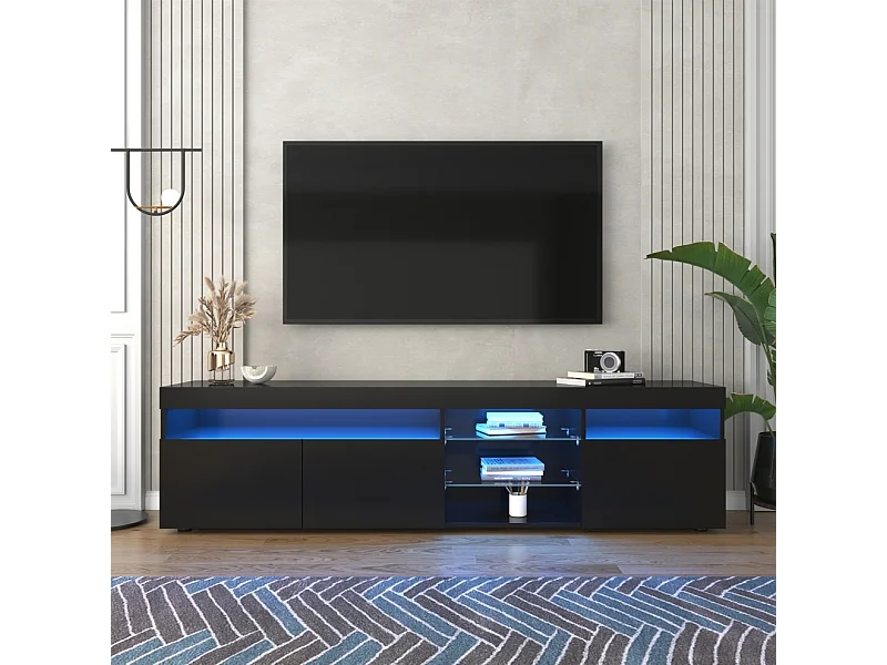 Meuble TV Moderne avec LED Lumineuse Noir Etagère en verre 3 Portes Buffet Meuble de Rangement 180x35x45 cm