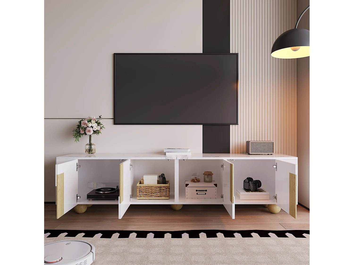 Meuble TV Blanc, 180 cm, 4 Portes, Design élégant, pieds en bois sphérique, Panneaux de particule, Salon